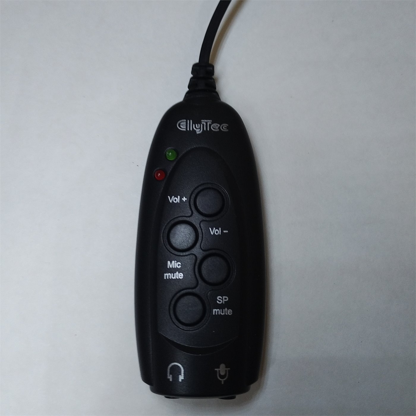 Panel de control de la placa de sonido USB ElyTec con los botones Vol +, Vol −, Mic mute y SP mute y los LED verde y rojo